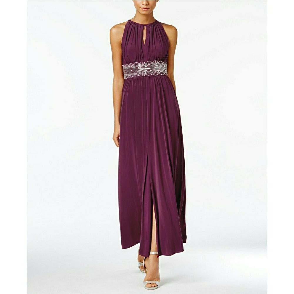 New! R&M RICHARDS Women's Beaded Waist Front-Slit Maxi Dress Color Merlot
